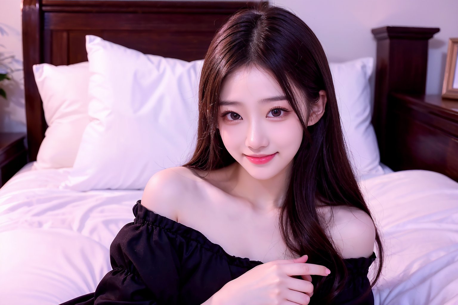 Beautiful Taiwanese woman, super detailed face, attention to detail, double eyelids,,, light brown hair, highest quality, masterpiece, super high resolution, wearing white tulle off-shoulder top, black skirt, long hair, beautiful figure. The smile of an idol. Lying lazily on the bed. night.