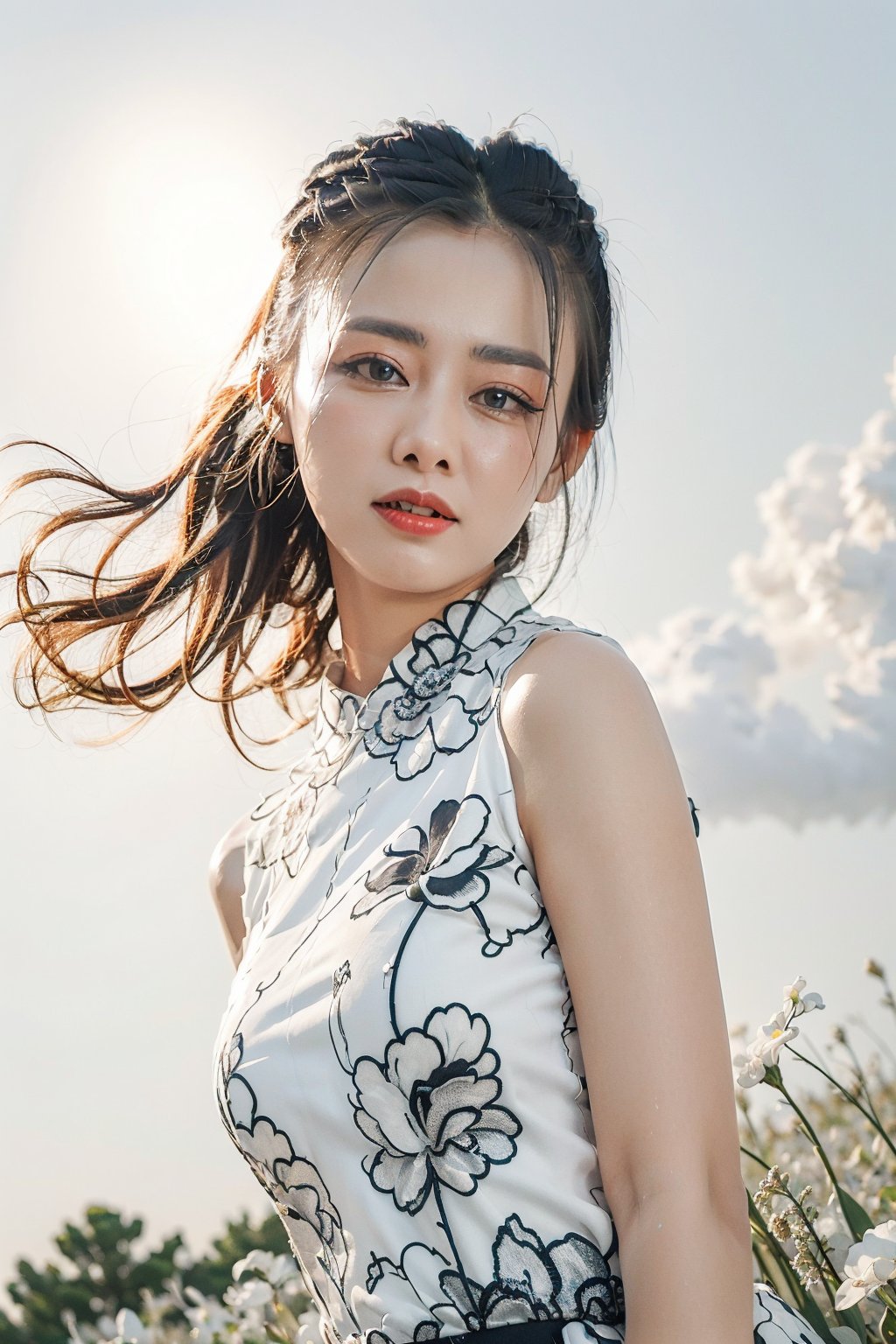 This is a highly detailed digital close-up and tilt shot artwork in a bright fantasy style, intricate tetradic colors in every details, a beautiful 22 years old Chinese girl, looking at viewer, head tilt, leaning forward, A lone girl with wavy black hair, wearing white dress, stands in windy flower field with grass, sun glare, heavenly cloudy sky, (clouds spiral:0.8), a macabre tapestry of clouds reaching towards viewer, falling petals, light cascading from an unseen aperture above. A low camera angle emphasizes the girl's with the overwhelming warm vibes.