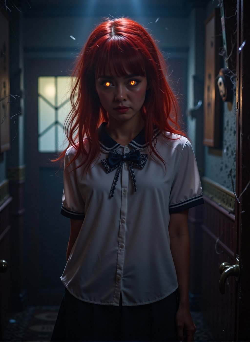 Rias Gremory from High School DxD inside a dimly lit haunted house, her school uniform slightly disheveled, dramatic lighting casting eerie shadows, her eyes glowing with a determined look, standing amidst cobwebs and creepy decor, detailed textures of the haunted environment, dynamic composition, capturing her confident and powerful presence.