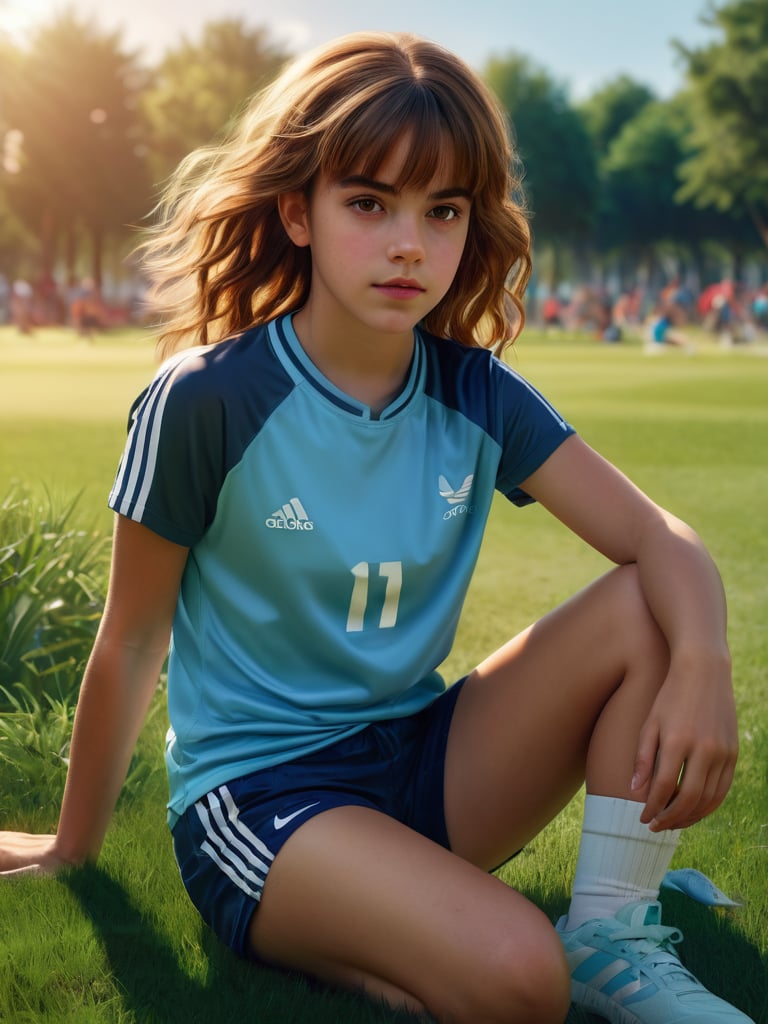 (hermione11granger), photo of young girl, bangs, brown hair, wavy hair, sports wear, shorts, park, grass, photorealistic, UHD, extremely detailed, masterpiece, realistic lighting, natural textures, high-resolutipn details,squat,