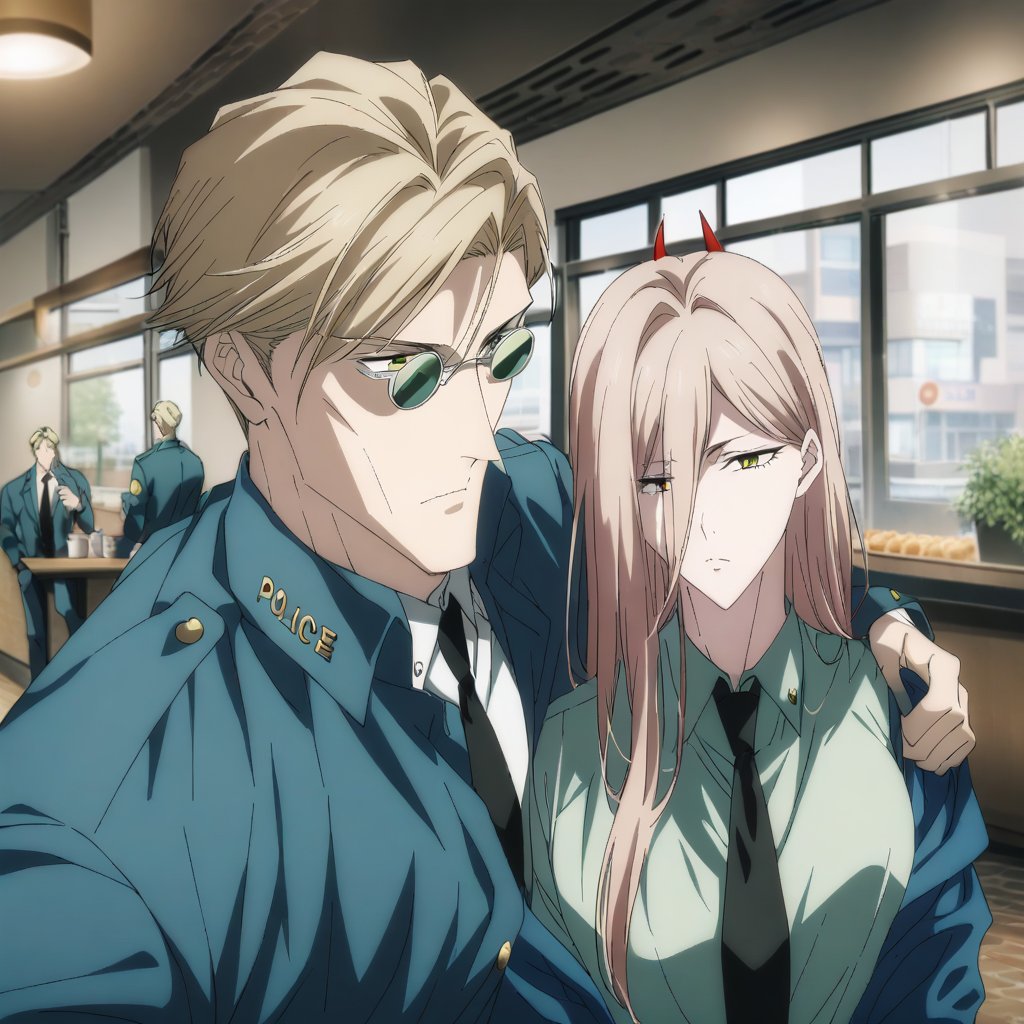 couple, hetero, (nanami kento,blonde hair,glasses,muscular, short hair, handsome, male, police uniform), taking selfie with (power_v1, 1girl, red horns, long hair, hair between eyes, black necktie, shirt, jacket), cafeteria, 1boy x 1girl