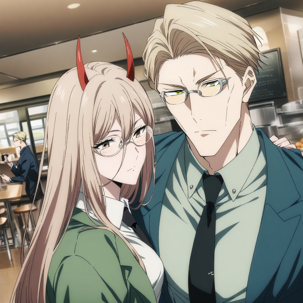 couple, hetero, (nanami kento,blonde hair,glasses,muscular, short hair, handsome, male), taking selfie with (power_v1, 1girl, red horns, long hair, hair between eyes, black necktie, shirt, jacket), cafeteria, 1boy x 1girl