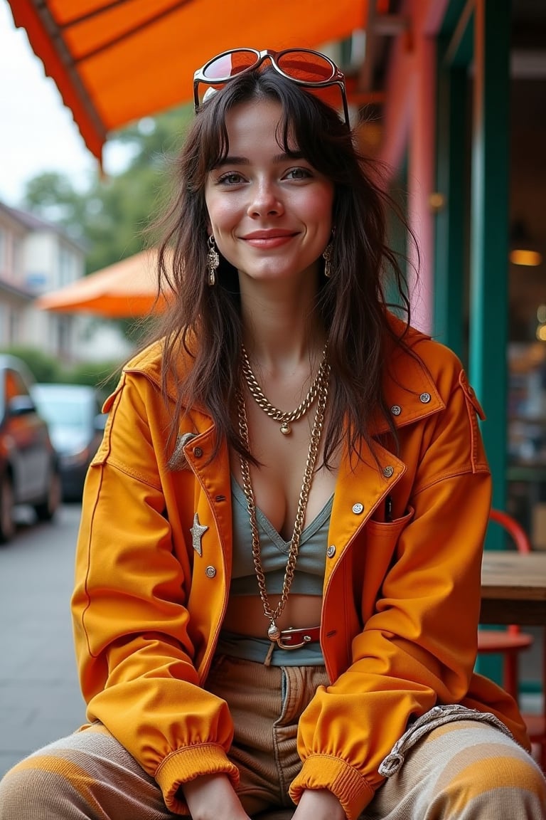 Generate a photorealistic image of a cute woman sitting in a trendy outdoor setting, wearing unusual and eclectic street fashion clothes. She has a friendly expression and is dressed in bold, eye-catching attire.

