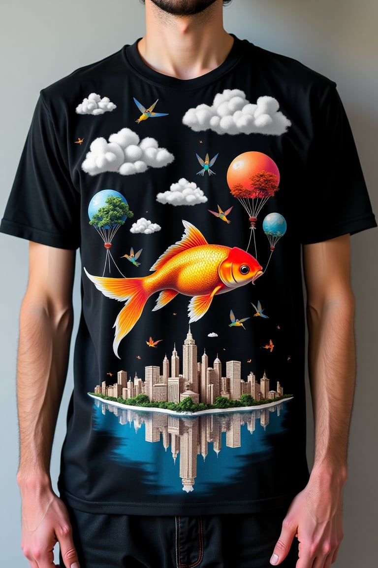 Imagine a T-shirt on a model with this unusual print:

The black background of the T-shirt depicts a surreal scene: a huge goldfish swims in the air among clouds made of cotton pads. From its mouth fly out colorful balloons, each of which contains a miniature landscape - mountains, forests, oceans.

The tail of the fish gradually turns into harp strings, on which sit tiny birds, similar to hummingbirds, but with peacock feathers.

Below the fish, at the bottom of the T-shirt, is an inverted city panorama, like a reflection in the water. The buildings in this city are made of books, stacked on top of each other.

This surreal and detailed print combines elements of fantasy, nature and urbanism, creating a captivating visual effect on a simple black T-shirt.


