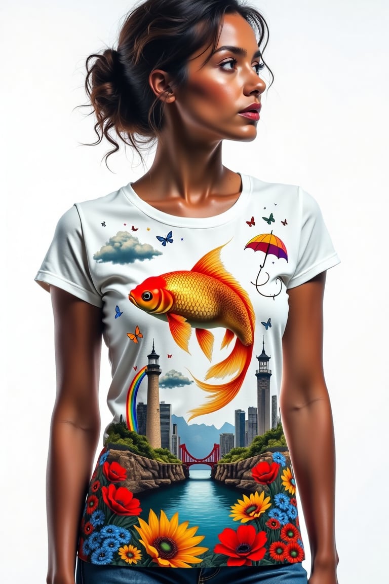 A woman in a stylish T-shirt with an unusual and exciting print. The T-shirt has a surreal landscape on a white background:

In the center of the print is a giant goldfish swimming in the air. Its scales sparkle and shimmer in various shades of gold and amber. The fish's tail smoothly turns into clouds that swirl around it in a spiral.

Under the fish is a miniature cityscape with skyscrapers, but instead of roofs, the buildings have colorful flowers - red poppies, blue cornflowers and yellow sunflowers.

On the left side of the print, a lighthouse is visible, but instead of light, it emits a rainbow that bends and wraps around the fish.

To the right of the fish, several miniature umbrellas are flying, but instead of fabric, they have butterfly wings of different colors and patterns.

At the top of the print, the stars form a constellation in the shape of a cat, which seems to be watching this whole scene.

This surreal and colorful print covers the entire front of the T-shirt, creating the impression that the wearer becomes part of this magical world.









