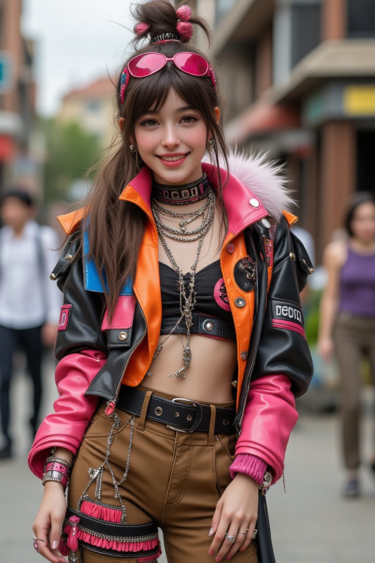 Create a photorealistic image of a cute woman wearing unusual clothes from modern street fashion. She has a friendly smile and is dressed in a bold, eclectic outfit with statement accessories. The background is a trendy outdoor location.

