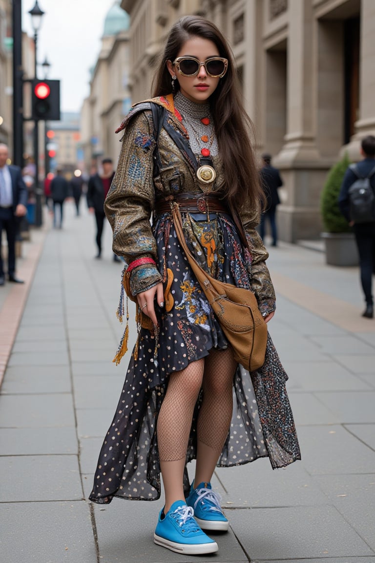 Create a photorealistic image of a young woman with a sweet and playful expression. She is wearing an unusual outfit from modern street fashion, including a mix of bold patterns such as checks and polka dots, as well as trendy accessories such as large sunglasses and bold jewelry and blue sneakers. The outfit should be eclectic but stylish, reflecting the latest street fashion trends. The woman is standing at full height on the sidewalk of a busy city street with a vibrant city life.

