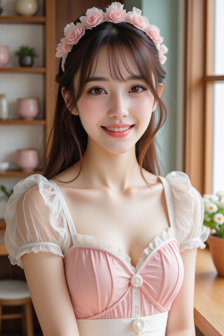 A beautiful Japanese woman in a charming maid costume,  smiling joyfully in a cozy café. Soft pastel colors adorn the scen...