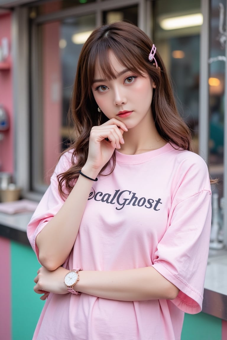 Full body portrait of Dòu Bàn Jiàng a young Chinese woman stands outdoors in a pastel-toned urban setting,  exuding a soft...