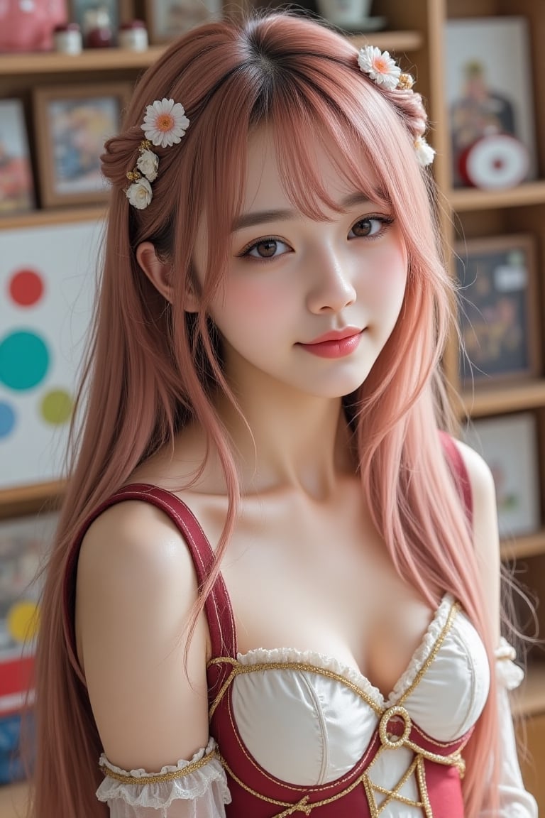 A beautiful Japanese woman is shown prominently,  dressed in an intricately detailed cosplay outfit that highlights her cr...