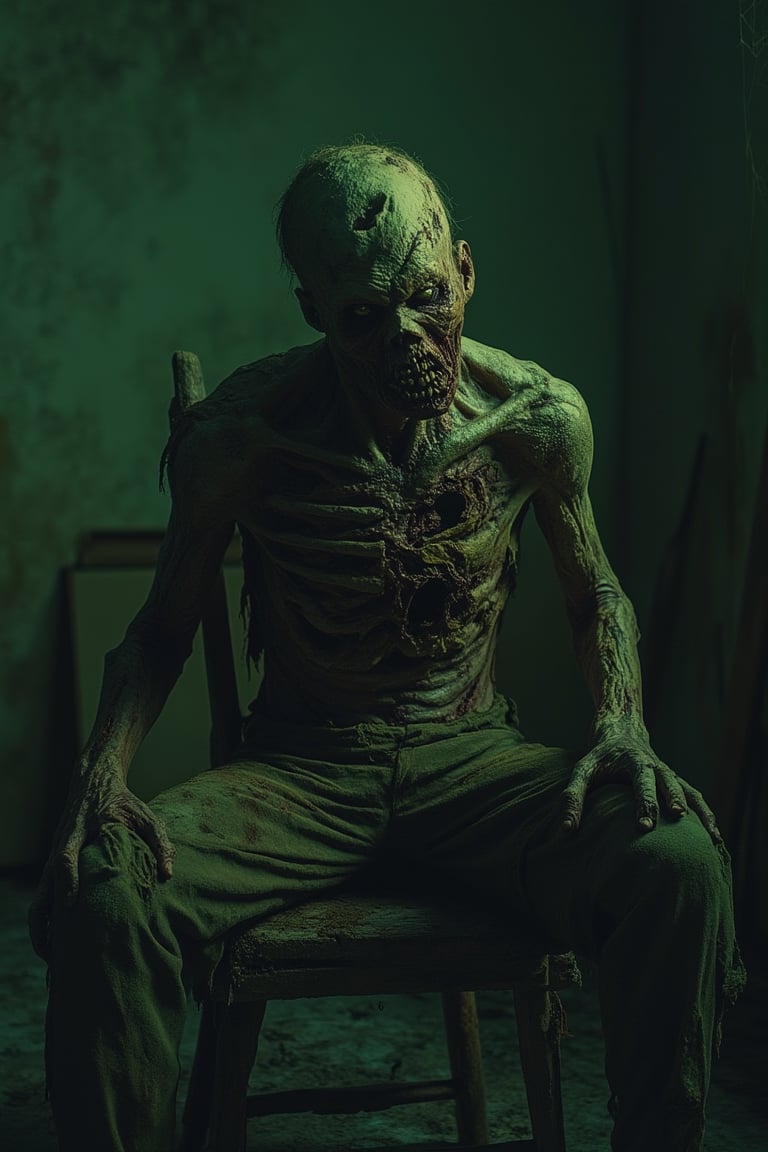 A zombie sitting on a wooden chair, decaying flesh, tattered clothing, eerie greenish lighting, close-up shot, detailed facial expression, hands resting on knees, dark and gloomy atmosphere, abandoned room, cobwebs in the background, high contrast, horror genre.