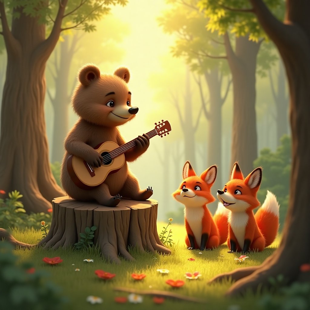 A photorealistic 8k image of a charming scene in a sunlit forest where a bear plays guitar atop a stump. Two curious foxes with correct anatomy and proportions listen intently. The atmosphere is whimsical, with a focus on friendship and music.