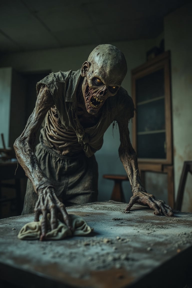 A close-up shot of a zombie meticulously cleaning a house, with a determined expression on its decaying face. The room is dimly lit, casting eerie shadows on the walls. The zombie is using a rag to wipe down a dusty table, its tattered clothes and exposed bones contrasting with the mundane task. The composition focuses on the zombie's hands and the rag, with the background showing a cluttered, abandoned living room.