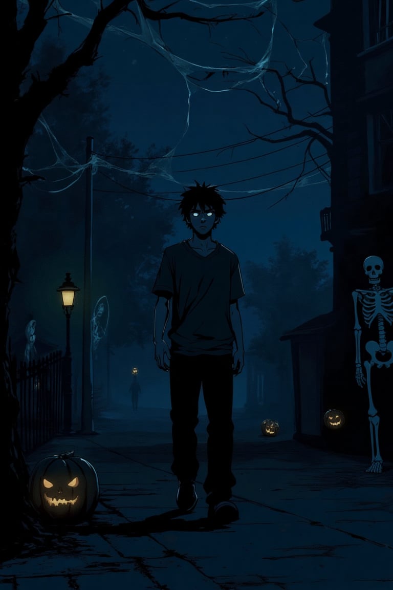 Anime-style J-Horror scene: a young man walking alone on a dark Halloween night, eerie fog surrounding him. The street is adorned with Halloween decorations, including jack-o'-lanterns, cobwebs, and skeletons. The atmosphere is chilling, with dim, flickering streetlights casting long shadows. The man's expression is tense, glancing around nervously. The composition is centered on his figure, with the spooky decorations framing the background.