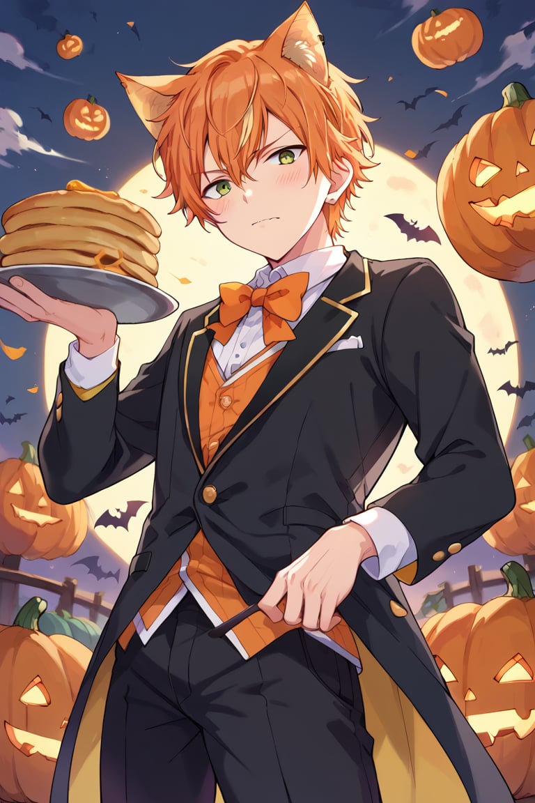 score_9, score_8_up, score_7_up, score_6_up, score_5_up, score_4_up, source_anime, BREAK, 1boy, male focus, akito, orange hair, yellow streaked hair, green eyes, looking at viewer, from below, bats, pumpkins, orange cat ears, tuxedo, shy, blushing, pancakes, 