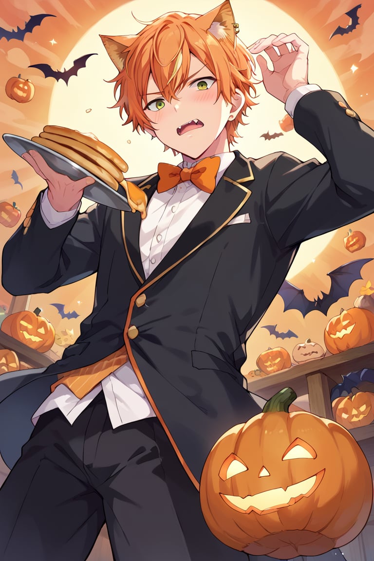 score_9, score_8_up, score_7_up, score_6_up, score_5_up, score_4_up, source_anime, BREAK, 1boy, male focus, akito, orange hair, yellow streaked hair, green eyes, looking at viewer, from below, bats, pumpkins, orange cat ears, tuxedo, blushing, embarassing, pancakes, mouth open, 