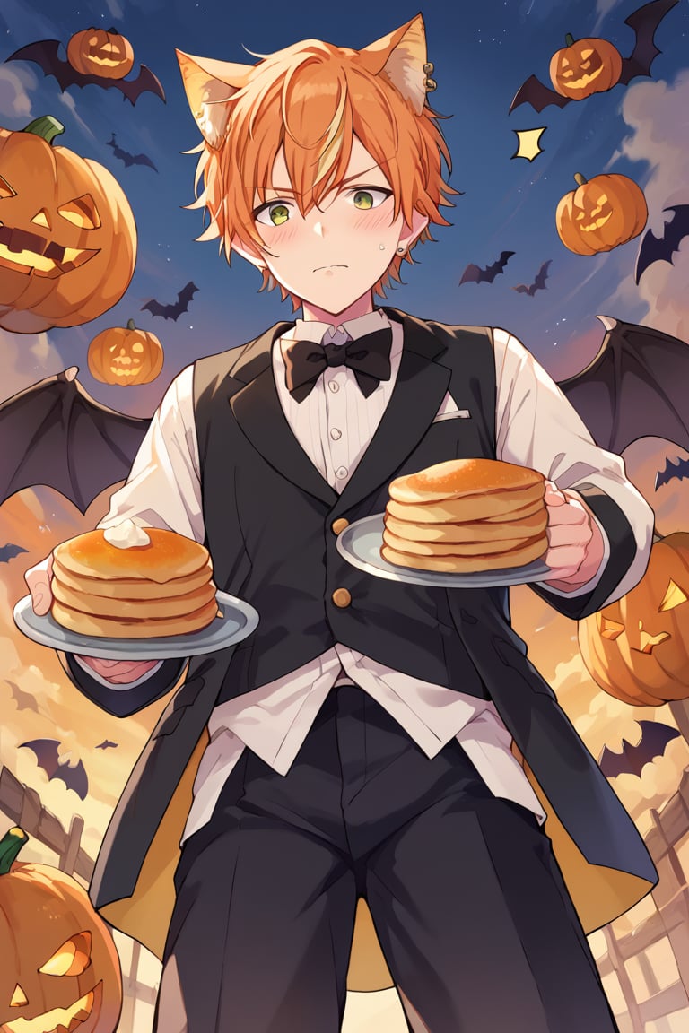 score_9, score_8_up, score_7_up, score_6_up, score_5_up, score_4_up, source_anime, BREAK, 1boy, male focus, akito, orange hair, yellow streaked hair, green eyes, looking at viewer, from below, bats, pumpkins, orange cat ears, tuxedo, extremely embarassing, blushing, pancakes, 