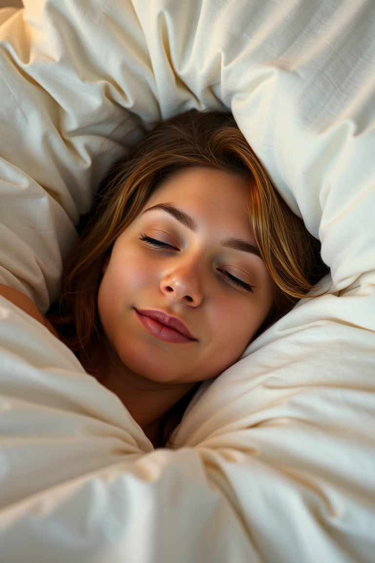 Close-up shot of Trisha lying peacefully in a plush white bed, surrounded by soft, billowy curtains. The warm glow of a bedside lamp casts a gentle light on her serene face, with a few loose strands of hair framing her features. Her eyes are lightly closed, and a subtle smile plays on her lips as she relaxes amidst the softness of the bedding.