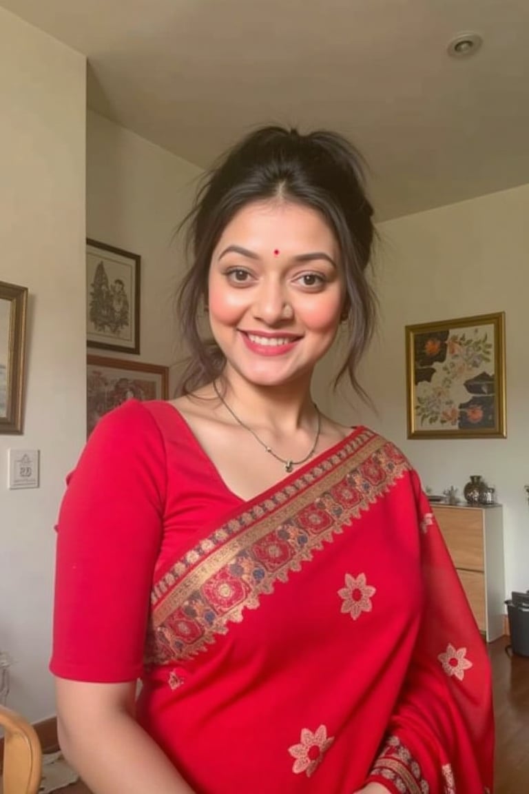 Trisha smiling ,wearing red saree,