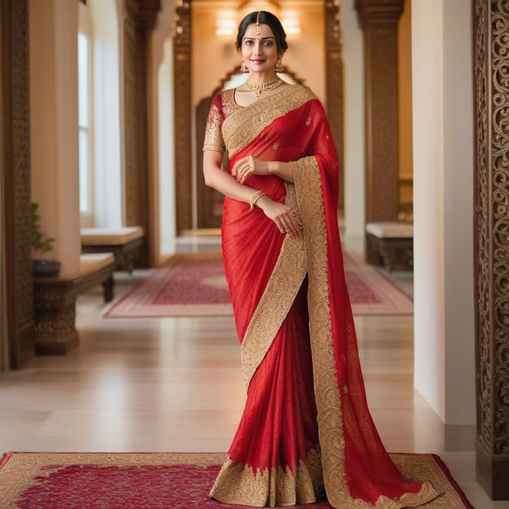 A woman in a vibrant red saree, standing elegantly in a traditional Indian setting. The saree is draped beautifully, with intricate gold embroidery. She has a serene expression, with soft, warm lighting highlighting her features. The background features a rich, ornate interior with traditional Indian decor. The composition is centered, capturing her full figure and the flowing fabric of the saree.