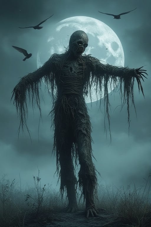 A hauntingly beautiful dark fantasy scene of a decaying scarecrow standing tall in a desolate, moonlit field, bathed in an eerie, silvery glow. The scarecrow's tattered, blackened clothes billow in the gusty wind, accentuating its sinister, elongated appearance, with threads and fibers eerily lit by the moon. The sky is filled with ominous, dark birds circling around, attracted by the unsettling, ethereal whispers that seem to emanate from the scarecrow's cracked, wooden mouth and the earth below, shrouded in mist. A chilling, heavy atmosphere envelops the scene, amplifying the sense of dread and terror, ultra quality