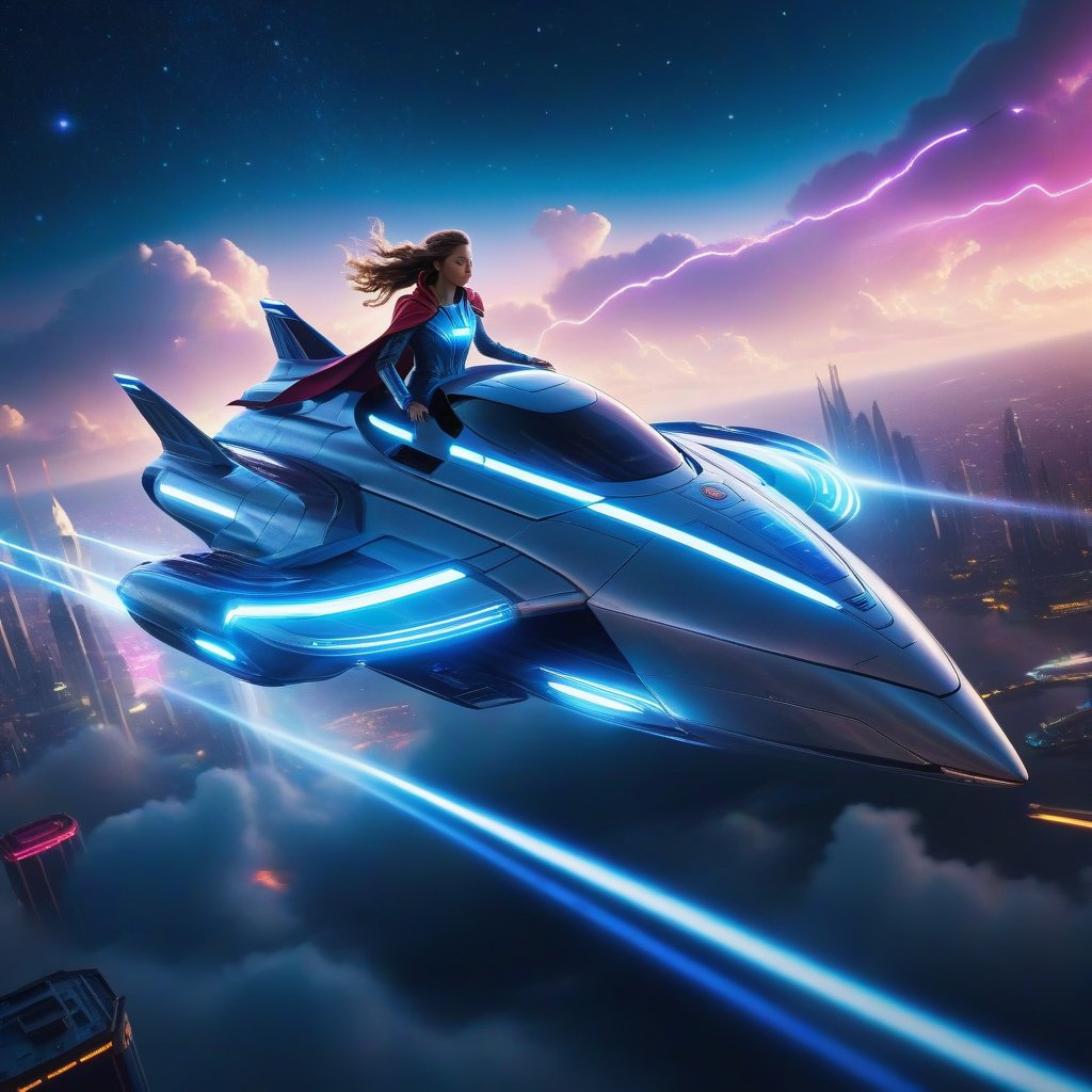 A dynamic aerial shot of a super-powered girl effortlessly maneuvering a sleek, futuristic light ship through a vibrant, starry sky. The ship glows with neon lights, casting a radiant glow on her determined face. She is in a dynamic pose, hands gripping the controls, with her cape flowing behind her. The background features swirling clouds and distant city lights, creating a sense of speed and adventure. The lighting is dramatic, with a mix of neon and ambient starlight, highlighting her heroic stance.