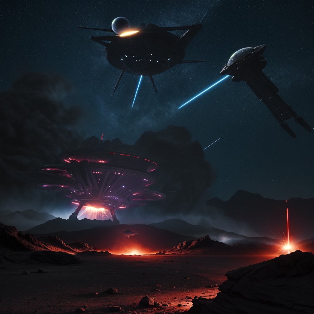 rebel spaceship is attacking a lunar base of alien monsters, laser beams flying all around, explosion in the background, sci-fi movie style