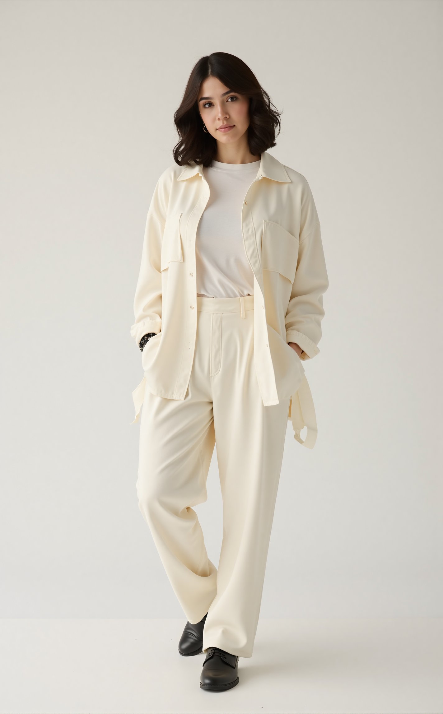 highly realistic image of a brunette spanish a young woman standing in a simple, soft-lit environment. She is dressed in a casual yet stylish ensemble consisting of a loose-fitting ivory jacket and matching pants, paired with a subtle white shirt and black shoes. Her relaxed attire contrasts softly against the plain, light background, enhancing a tranquil and minimalist aesthetic. Her expression is serene and contemplative, directing a calm gaze slightly off-camera, which adds a gentle, introspective quality to the scene. The predominant soft ivory and white tones throughout the image evoke a sense of simplicity and elegance. This controlled color palette and her composed demeanour contribute to a peaceful, clean visual impression. Her full body is visible. The camera uses a medium shot with a 35mm lens, capturing the outfit's clean lines , her full body and sharp angles. The image is in 6K resolution, focusing on the balance of masculine and feminine elements in the outfit, ek_ph0t0_b00ster