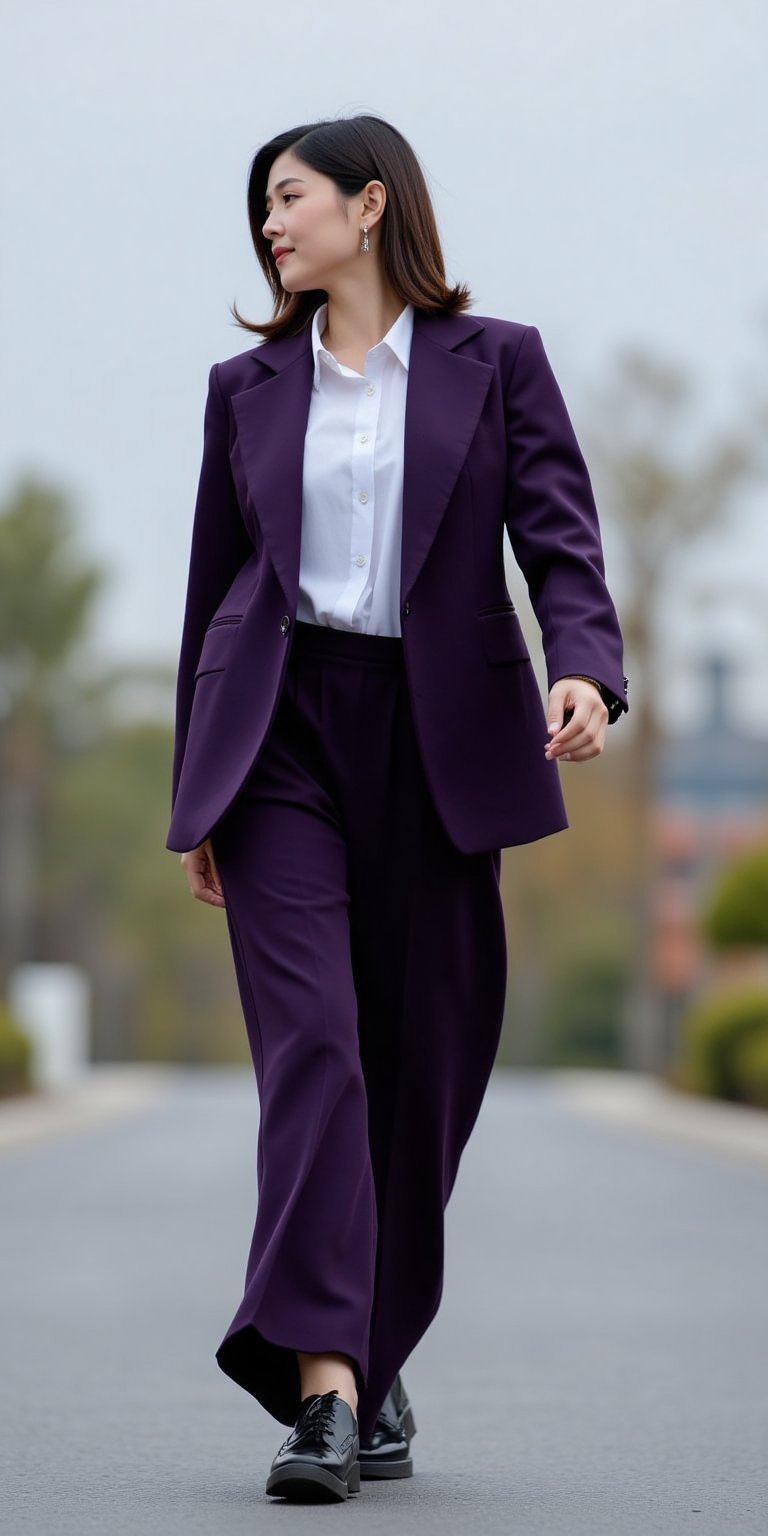 A stylish young brunette long-haired woman with an androgynous look, walking on a minimalist city street. She is dressed in tailored dark purple trousers, a white button-down shirt, and a sleek,
oversized blazer, finished with a pair of polished oxford shoes. Her short hair is slicked back, and she wears small silver earrings.  Her gaze is at her right side. She stands on her right side. The camera uses a medium shot with a 35mm lens, capturing the clean lines and sharp angles of the outfit. The lighting is crisp and cool, with an overcast sky adding a modern, urban feel. The image is in 6K
resolution, focusing on the balance of masculine and feminine elements in the outfit, ek_ph0t0_b00ster