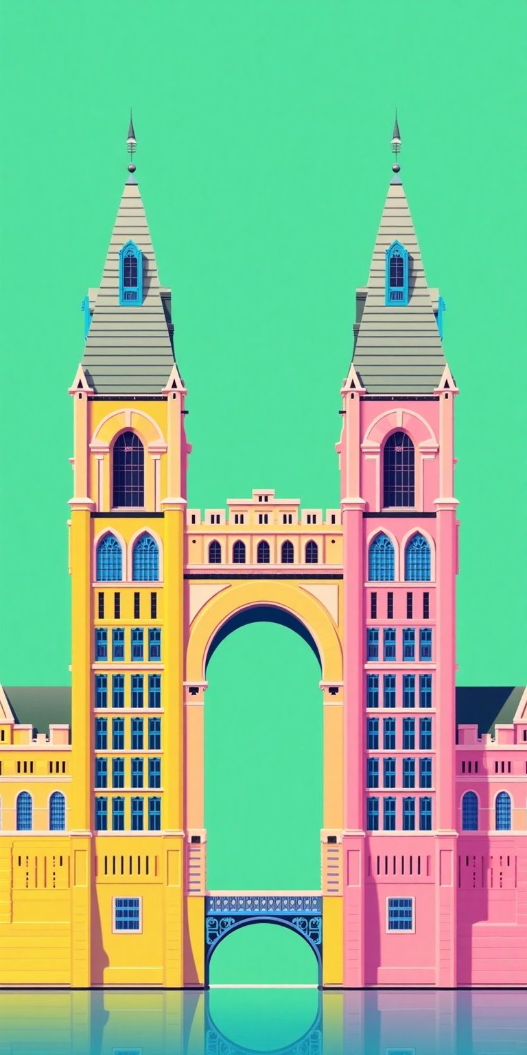 Create a flat, front-view vector illustration of the Alban Gate building in a vibrant, postmodern style. Use bold, contrasting colors like bright pink, yellow, blue, and green. Show the building's symmetrical features clearly, focusing on the central arch, twin towers with grid-like windows, and the connecting bridge. Employ bright pinks and yellows for the facade details, blue for structural elements, and a solid green background for contrast. Keep the illustration flat and free from perspective, using minimal shadows only to add slight depth, while ensuring a clean, geometric look that emphasizes color blocks and architectural forms.