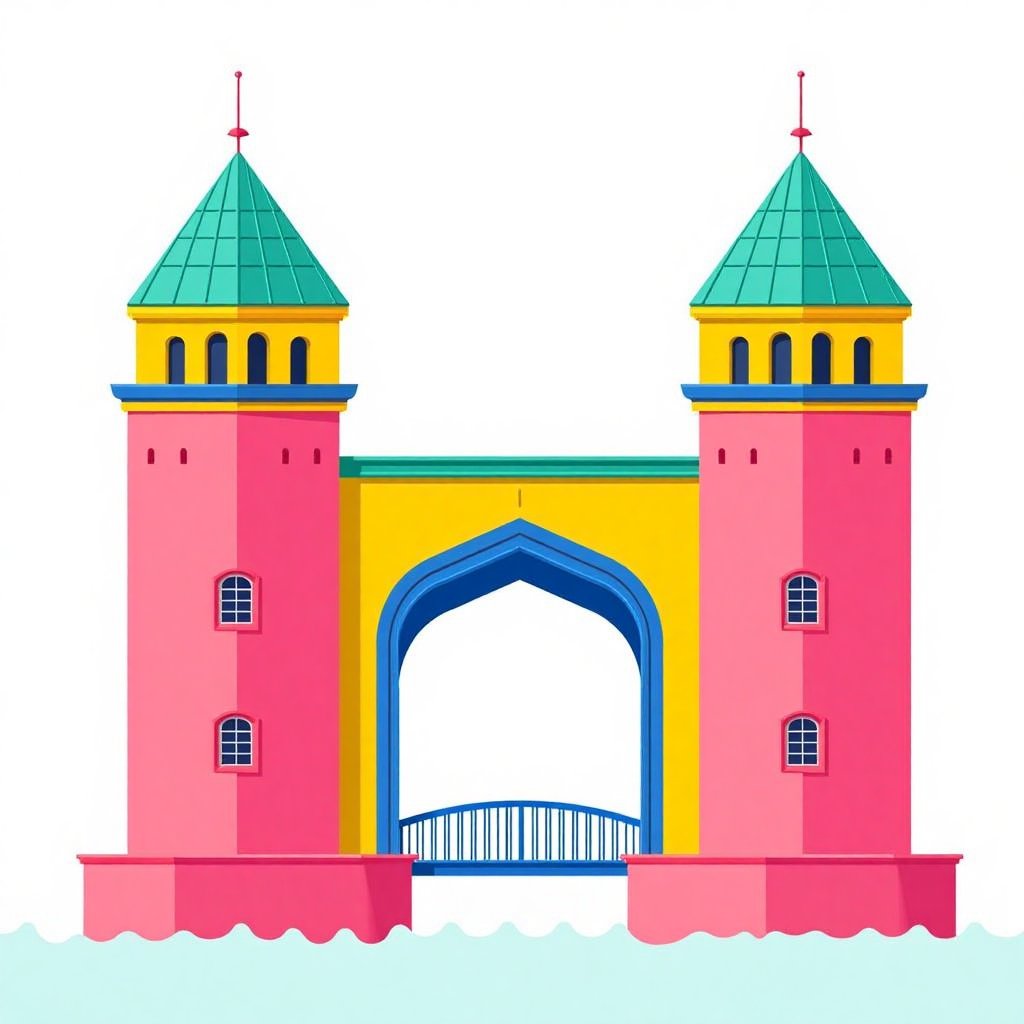 Create a flat, front-view vector illustration of the Alban Gate building in a vibrant, postmodern style. Use bold, contrasting colors like bright pink, yellow, blue, and green. Show the building's symmetrical features clearly, focusing on the central arch, twin towers with grid-like windows, and the connecting bridge. Employ bright pinks and yellows for the facade details, blue for structural elements, and a solid white background for contrast. Keep the illustration flat and free from perspective, using minimal shadows only to add slight depth, while ensuring a clean, geometric look that emphasizes color blocks and architectural forms.