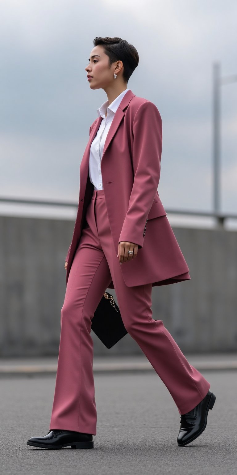 A stylish young brunette long-haired woman with an androgynous look, walking on her right profile on a minimalist city street. She is dressed in tailored dark pink trousers, a white button-down shirt, and a sleek,
oversized blazer, finished with a pair of polished oxford shoes. Her short hair is slicked back, and she wears small silver earrings.  Her gaze is at her right side. The camera uses a medium shot with a 35mm lens, capturing the clean lines and sharp angles of the outfit. The lighting is crisp and cool, with an overcast sky adding a modern, urban feel. The image is in 6K
resolution, focusing on the balance of masculine and feminine elements in the outfit, ek_ph0t0_b00ster