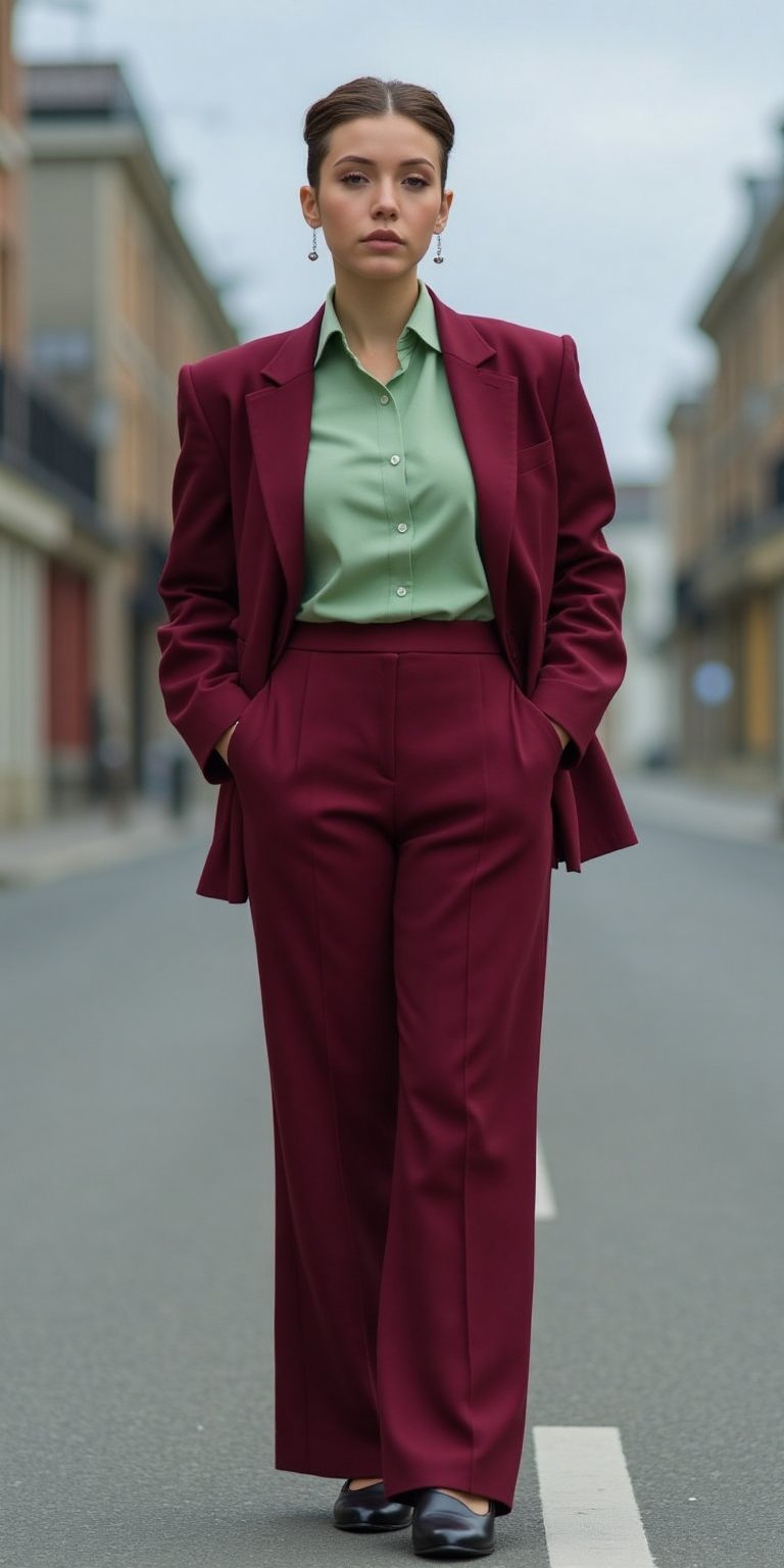 A stylish young woman with an androgynous look, standing on a minimalist city street. They are dressed in tailored dark red trousers, a light green button-down shirt, and a sleek,
oversized blazer, finished with a pair of polished oxford shoes. Their short hair is slicked back, and they wear small silver earrings. The camera uses a medium shot with a 35mm lens, capturing the clean lines and sharp angles of the outfit. The lighting is crisp and cool, with an overcast sky adding a modern, urban feel. The image is in 6K
resolution, focusing on the balance of masculine and feminine elements in the outfit, ek_ph0t0_b00ster