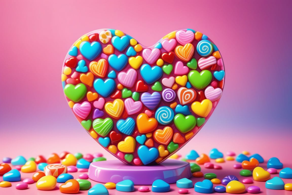 CANDY, Candy art mode, colorful shapes, glossy textures, era 2020s contemporary, casual attire, solo, candy art style, Rating SFW,  sculpture of a heart with a bone     made from candy depicted in detailed candy art in candy land, the colorful shapes and glossy textures adding a playful look, candy light filter, smooth textures,  translucent textures, vibrant colors 