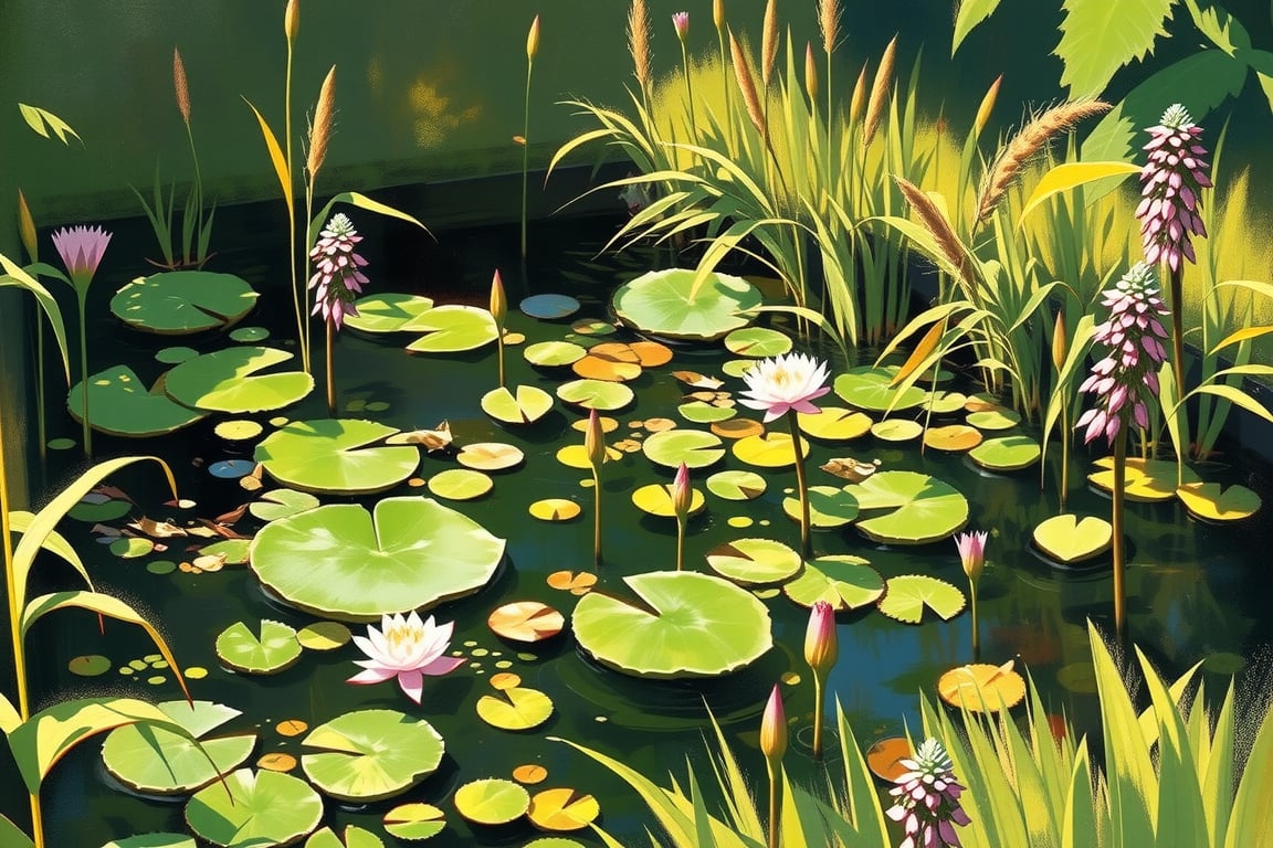 score_9, score_8_up, score_7_up, realistic,small pond full of life, in a luxuriant nature, bulrush, foxglove, (water lily:0.7), weeds, , realistic soft shadows, low saturation colors, impressionist painting, extremely detailed, HD