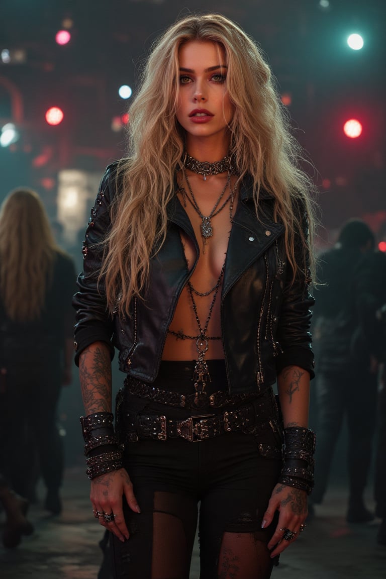 "A beautiful full-body image of a woman with long blonde hair in a heavy metal style. She is dressed in a black leather ja...