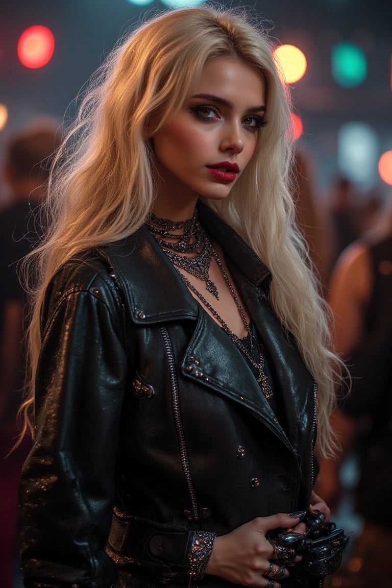 "A beautiful full-body image of a woman with long blonde hair in a heavy metal style. She is dressed in a black leather ja...