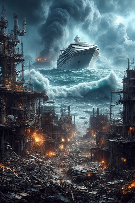 Describe a catastrophic disaster by the ocean: towering waves from a colossal tsunami crash against the coastline, overwhelming everything in sight. A massive industrial facility near the shore is destroyed, its structures twisted and debris scattered both on land and in the turbulent water. Among the chaos, a massive cruise liner is overturned by the sheer force of the waves, sinking into the ocean as passengers scream in terror. Thick smoke rises into the sky from an industrial explosion, casting a dark shadow over the scene. Firefighters and rescuers struggle to contain the fires while also battling flooding and debris. People flee in panic as waves swallow entire streets, and the contrast between the violent ocean and the ruined industrial wasteland creates a scene of utter devastation.