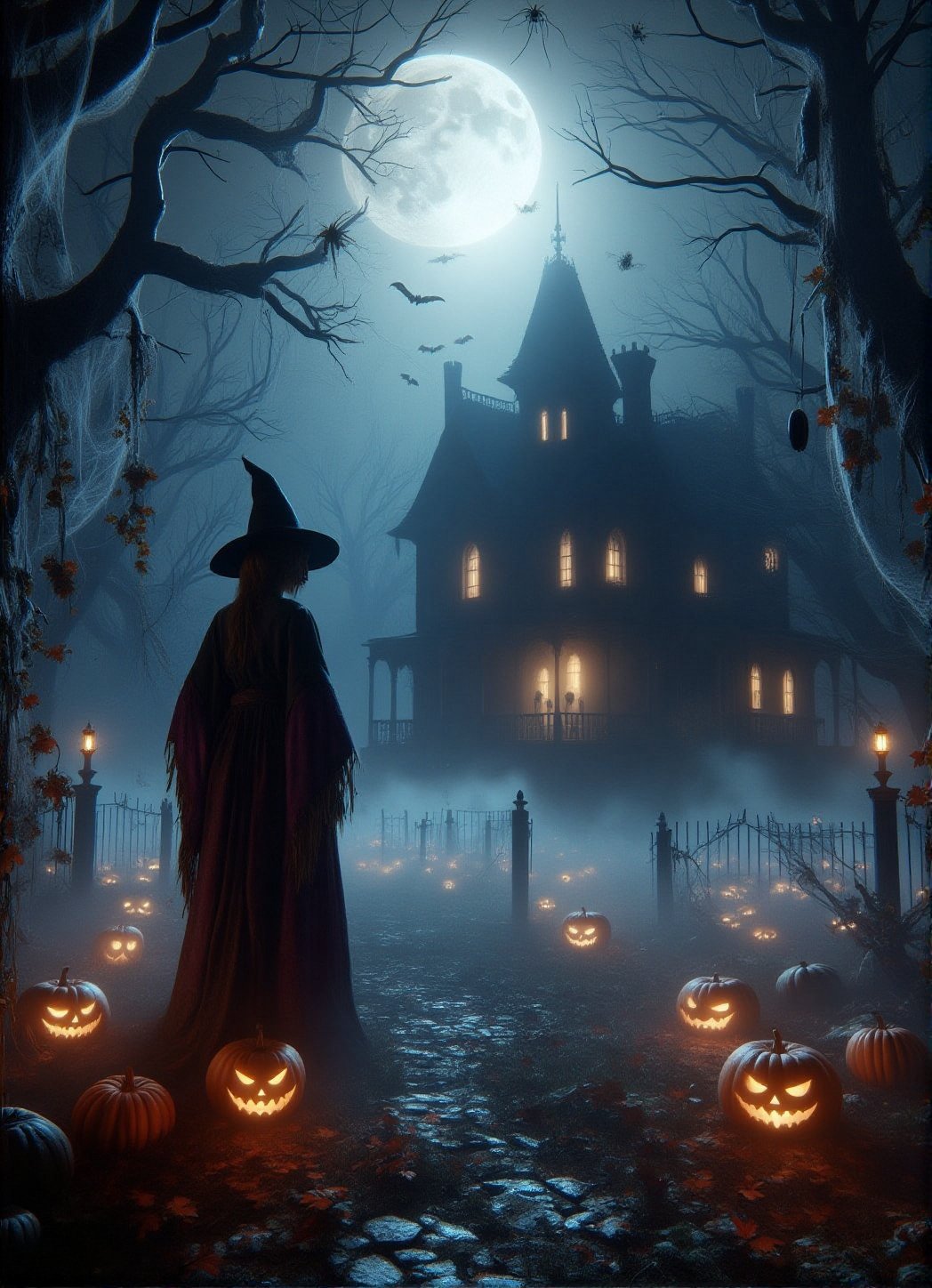 A hauntingly beautiful scene unfolds as a gothic witch stands tall in front of a haunted house aglow with flickering jack-o'-lanterns under a full moonlit sky. The atmospheric fog shrouds graveyards where skeletons rise from the ground, surrounded by twisted trees with glowing ghostly figures drifting afar. Cobwebs eerily drape from branches as spiders crawl along walls and bats flutter above. The witch's flowing black and purple cloak is meticulously detailed, with every stitch and fold evident in the crisp, high-quality image. Autumn leaves scatter the ground amidst swirling fog at her feet, setting a dark, spooky Halloween atmosphere.,DarkHalloween