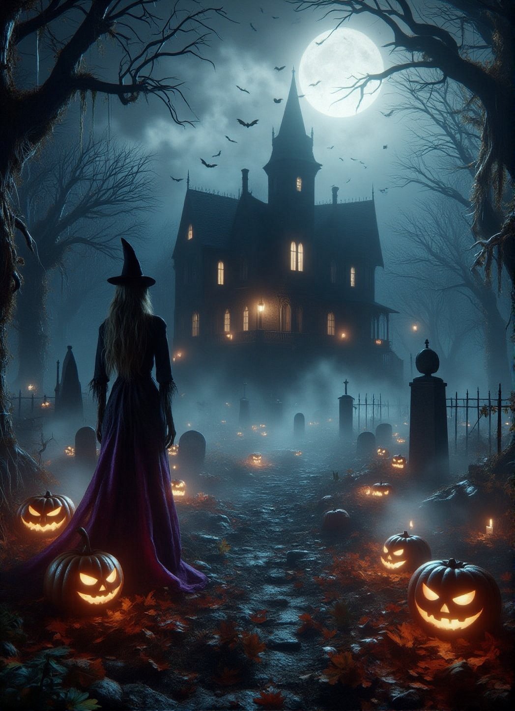 A hauntingly beautiful scene unfolds as a gothic witch stands tall in front of a haunted house aglow with flickering jack-o'-lanterns under a full moonlit sky. The atmospheric fog shrouds graveyards where skeletons rise from the ground, surrounded by twisted trees with glowing ghostly figures drifting afar. Cobwebs eerily drape from branches as spiders crawl along walls and bats flutter above. The witch's flowing black and purple cloak is meticulously detailed, with every stitch and fold evident in the crisp, high-quality image. Autumn leaves scatter the ground amidst swirling fog at her feet, setting a dark, spooky Halloween atmosphere.,DarkHalloween