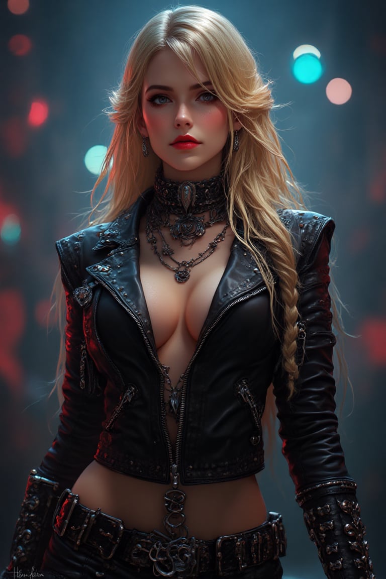 "A beautiful full-body image of a woman with long blonde hair in a heavy metal style. She is dressed in a black leather ja...