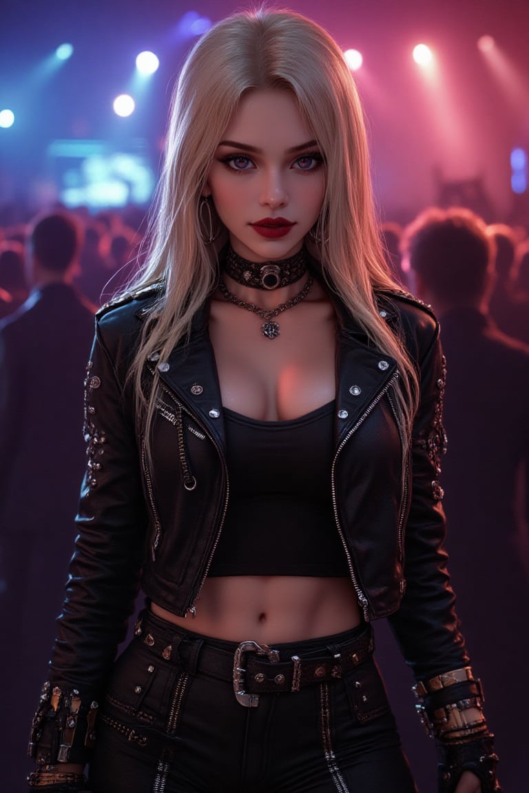 "A beautiful full-body image of a woman with long blonde hair in a heavy metal style. She is dressed in a black leather ja...