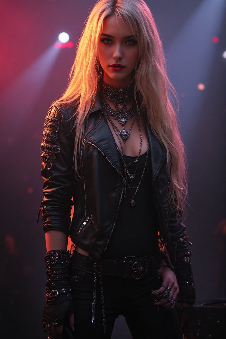 

"A beautiful full-body image of a woman with long blonde hair in a heavy metal style. She is dressed in a black leather jacket with metal studs, bold accessories like chains, black rings, and a choker. Her makeup is dark and edgy, with a focus on her eyes and red lipstick. She is standing confidently with a rock concert vibe in the background, dimly lit with colorful lights."




