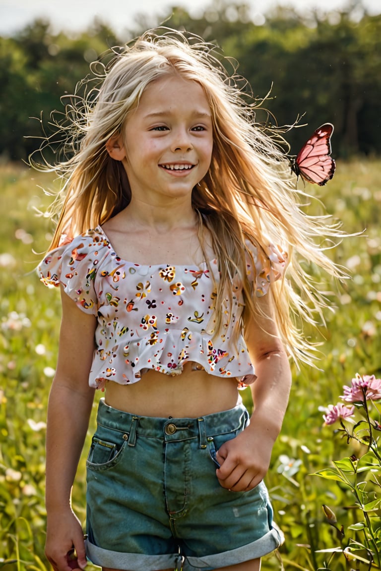 A young girl with long-blonde-messy-hair and bright green eyes stands in a sunlit meadow,  her floral crop-top and small-p...