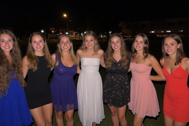 Group photo of several middle school girls all dressed up for their semiformal dance. All of the young girls are beautiful, each wearing a different beautiful dress that accentuates their developing figures. All of the girls are thin with a variety of hair colors and skin complexions. The photo is taken outside of the middle school gym at night using a high resolution Android phone. Each of the girls has a facial expression that shows their excitement for the night of dancing and frivolity. 