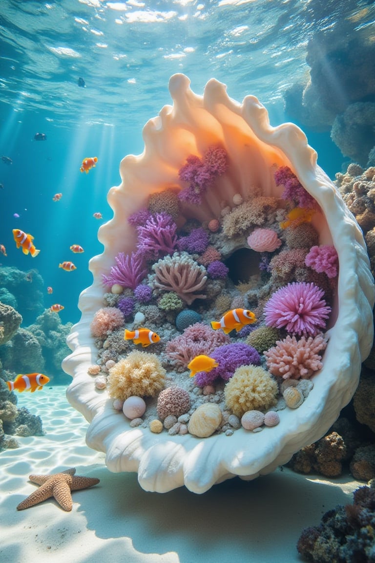 A large shell in the shape of outstretched female arms is filled with shells and flowers,  creating the feeling of an unde...