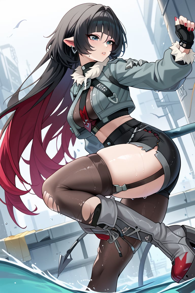 ((best quality:1.3, very aesthetic:1.1, ultra quality)), jane doe \(zenless zone zero\), long hair,tail,FFPPWET,fingerless gloves, black shorts,cropped jacket, single garter strap,single leg pantyhose, single thighhigh,necktie, platform boots