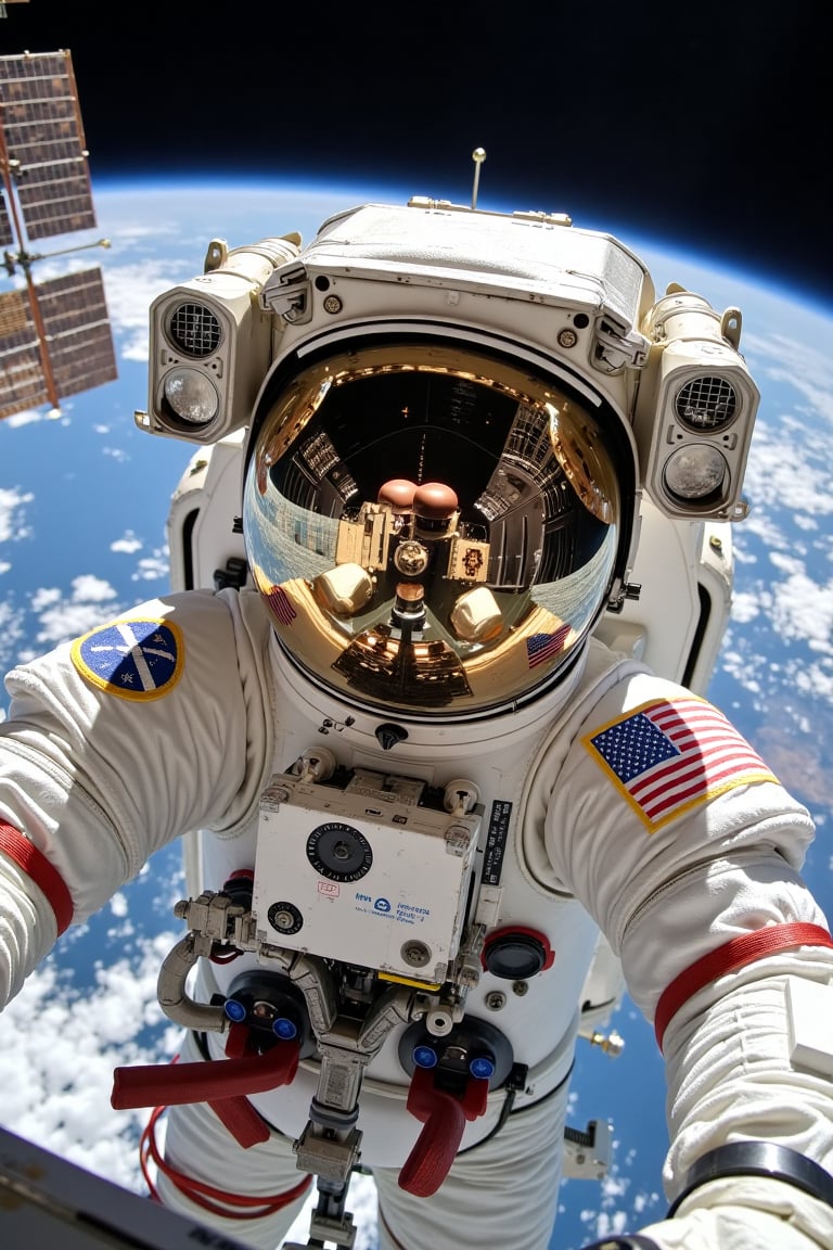 A selfie taken by a N4sa astronaut during an EVA in space. The astronaut, fully suited in a white space suit featuring mission patches and the American flag, faces the camera, with their reflective visor capturing the spacecraft, Earth, and part of the International Space Station. The vibrant blue and white of Earth dominates the background, with the planetâ€™s atmosphere creating a distinct curve along the horizon. In the visor reflection, the solar panels of the ISS are visible, alongside equipment and the astronautâ€™s outstretched arm. Bright sunlight illuminates the astronaut's suit and the ISS components, providing a clear, detailed view of the hardware.