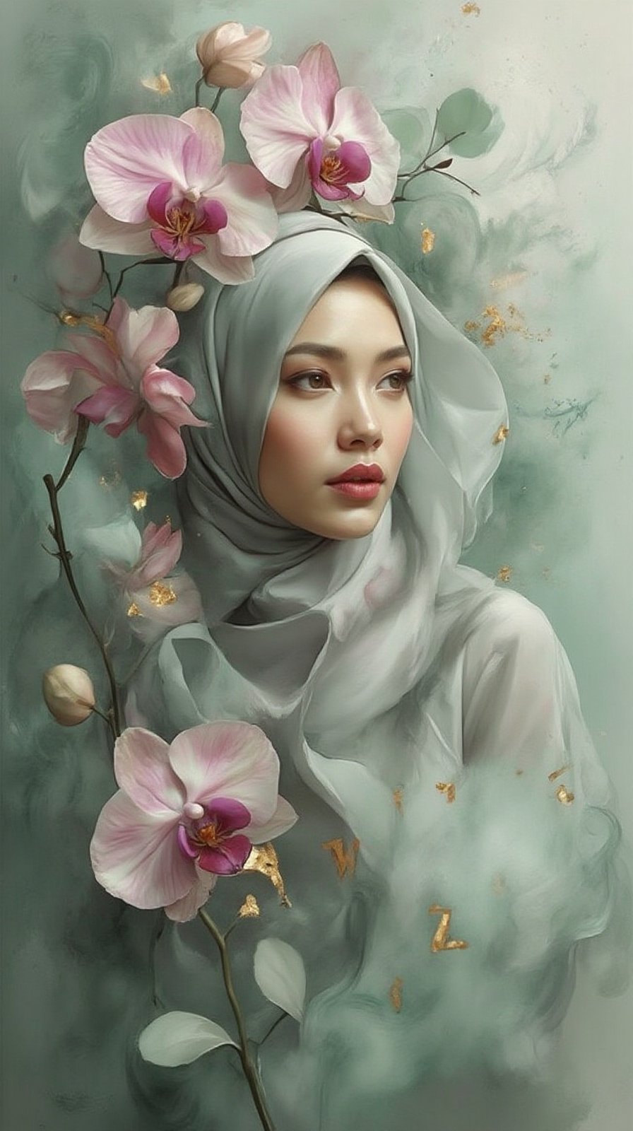 hyperrealistic HDR photo, A blend of soft green mist and abstract elements in a harmonious composition, involves beautiful malay woman with full hijab, add 3d gold text 'WIZA' across the center of the image, vibrant shades of soft pink purple and white, highly detailed, the mist elements like billowing fog are intertwined with the orchid flowers components, a dynamic touch to the composition. A gold sheen is visible on some parts of the image, The background features soft patterns and an ethereal quality to the image due to its light color palette and splashes color. Make the text bigger and visible