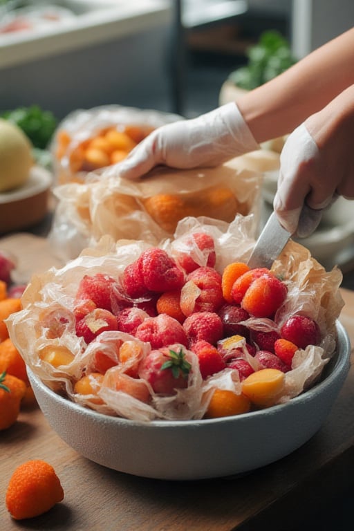 cutting fruit packaging using a Foam Tray with Stretch Film